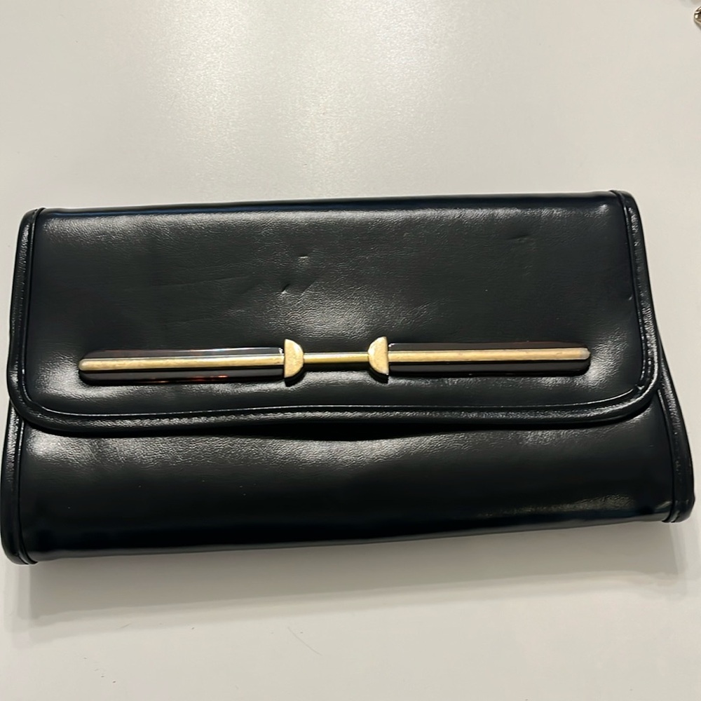 Vintage 70s black envelope clutch w/ amber trim mirror, comb and zip pouch